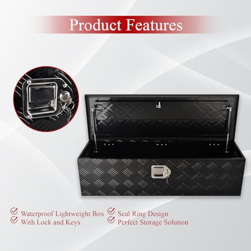 BIGREAT 39\'\'Inch Aluminum Truck Tool Box Truck Bed Toolbox Truck Trailer Chest Box Trailer Underbody Storage Organizer Waterproof Square Storage Organizer w/Lock & Keys Black(39\" Lx13 Wx10 H)