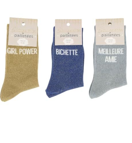 Calcetines con lentejuelas FELIZZ talla 36-42 color negro con mensajes Girl power