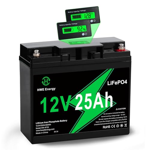 12V 25Ah LiFePO4 Rechargeable Battery with LCD Meter 5000+ Deep Cycle 12 volt Lithium Batteries Replacement for Fish Finder Ride-on Toys Camping Home Alarm System UPS 6FM20 20A-BMS Screw Terminal