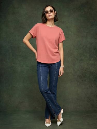 Image of JUNEBERRY Pure 100% Cotton Oversized Loose Fit Drop Shoulder Round Neck Boyfriend Fit Solid Half Sleeves T-Shirt for Women & Girls (Sizes: S to 2XL)