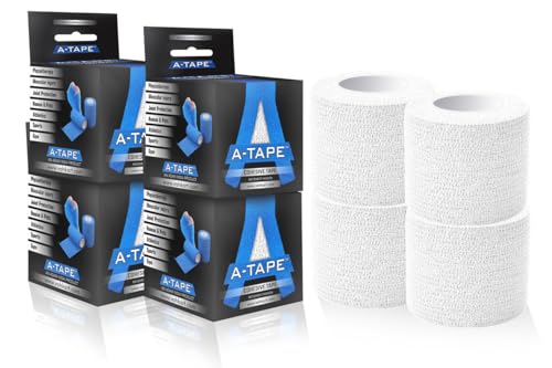 Image of A-Tape Breathable Self Adhesive Cohesive Bandage Wrap - Athletic Non-Woven for Sports, Medical Use, Injuries, Knee & Wrist Support - Suitable for Humans & Pets (White, 5cm Pack Of 4)