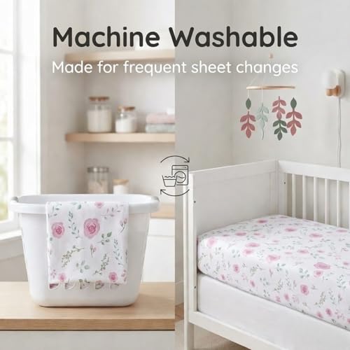 Image of EVERYDAY KIDS 2 Pack Fitted Girls Crib Sheet, 100% Soft Breathable Microfiber Baby Sheet, Fits Standard Size Crib Mattress 28in x 52in, White and Pink Nursery Sheets with Flowers, Roses and Rosebuds