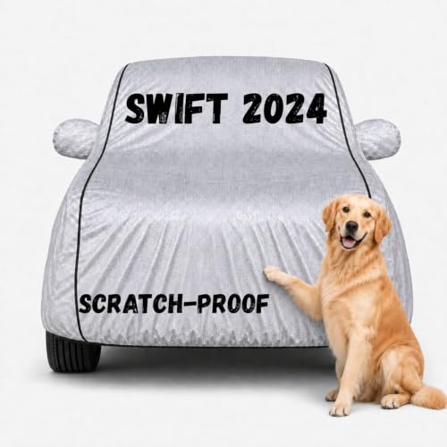 Image of 3 Layer Waterproof Car Body Cover for New Swift All Weather Protection Comes with Inner Cotton Lining & Triple Stitched with Mirror & Antenna Pocket Belt & Elastic Fit (Silver)