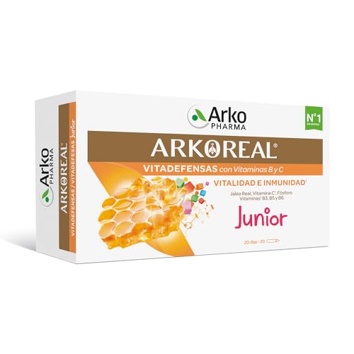 Arkopharma Arkoreal Jalea Real Vitadefensas Junior 20 Ampollas, Refuerzo De Energía Y Defensas, Con Vitaminas Y Fósforo, Jalea Real Premium 100% Natural, Complemento Alimenticio