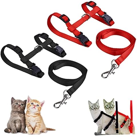 Morices 2 Pack Cat Harness and Leash, Adjustable Comfortable Nylon Pet Strap Collar with Leash, Escape Proof Safety Rope Leads Chest Strap for Kitten Puppy Rabbits Walking Training (Black & Red) Cover