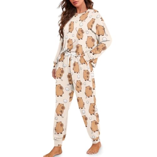 Image of Women's Pajamas Set Soft 2 Piece Loungewear Long Sleeve Pj Set Matching Sleepwear with Pockets for Women Plus Size