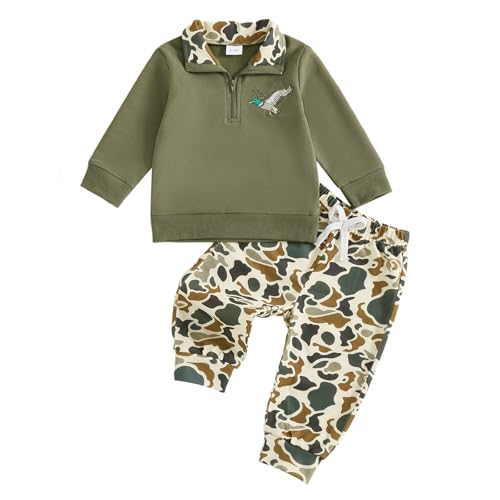 Image of VISGOGO Toddler Baby Boy Hunting Outfit Duck Half Zip Long Sleeve Sweatshirt Pants Set 2 Fall Camouflage Clothes