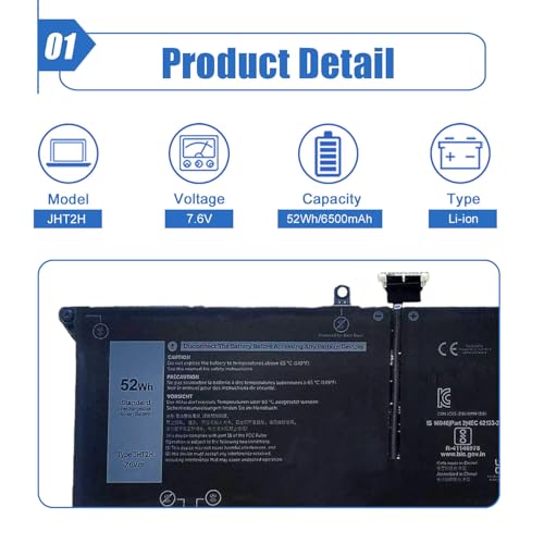 Image of 52Wh JHT2H Laptop Battery Replacement for Dell Latitude 7310 7410 Series | For Dell P34S P34S001 Latitude 7410 Chromebook Enterprise, HRGYV WY9MP 4V5X2 0HRGYV 09YYF 35J09 0WY9MP 04V5X2, 7.6V 6500mAh