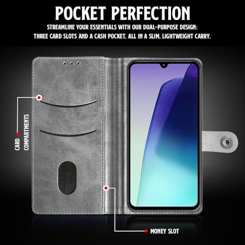 Image of Genuine Leather Finish Flip Back Cover Case for Mi Redmi A4 5G / Redmi 14C 5G / Poco C75 5G / Poco M7 5G | Inbuilt Pockets & Stand | Designer Button Magnet Flip Cover (Faux Leather (Blue)