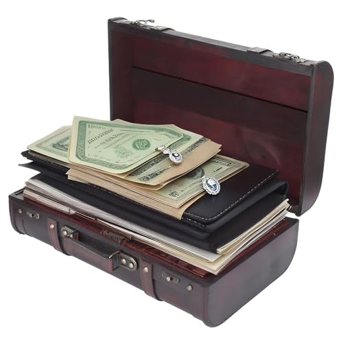 Image of Vintage Wooden Treasure Chest - Antique Decorative Storage Box for Jewelry, Books & Collectibles, Handmade Pirate-Style Suitcase with Leather Handle, 14.9 x 9 x 5.3 Inches