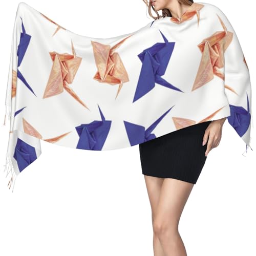 Origami Paper Crane Pattern Tassel Scarf, Winter Warm Scarves Shawls Blanket For Women3