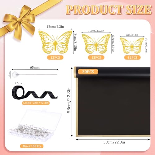 30 Sheets Flower Wrapping Paper Waterproof Black Bouquet Wrapping Paper 36Pcs 3D Gold Butterfly Decorations with 25 Yards Satin Ribbon 100 Diamond Pins for DIY Mother\'s Day Gift - Thumbnail 5