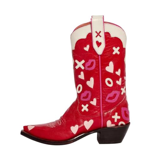 Western Cowboy Boots for Women Mid Calf Chunky Heel Love Heart Embroidery Lipstick Red Booties