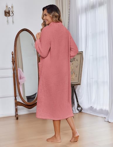 Image of Ekouaer Women Zipper Robe Fleece Long Sleeves Bathrobe Sleepwear Warm Soft Housecoat with Pockets Zip Up House Dresses