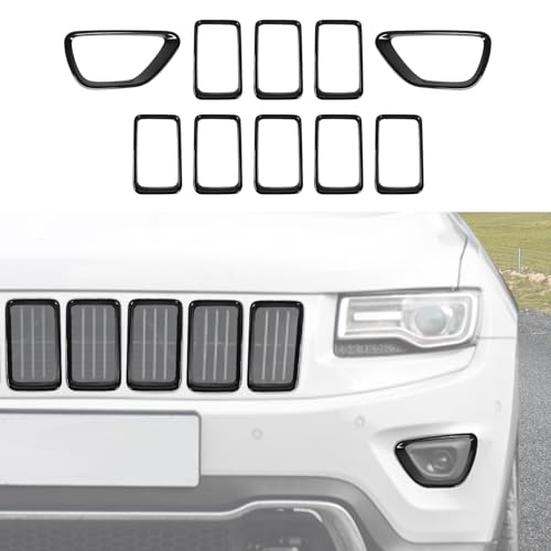 Image of CheroCar Front Grill Inserts+Front Fog Light Cover Trim for Jeep Grand Cherokee 2014-2016,Gloss Black Grille Ring & Bumper Vent Exterior Accessories