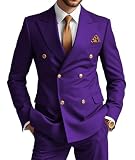 Wangyue Mens Purple Double Breasted Suit 2 Piece Slim fit Suits for Men Peak Lapel Wedding Business Outfit Size M