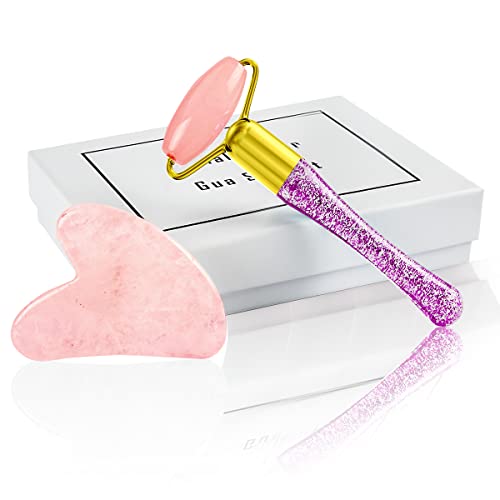 Sanie Jade Roller and Gua Sha Set, Rechargeable Face Roller Massager, Real Jade Roller for Face, Facial Roller for Skin Body Muscle Relaxing (Rose)