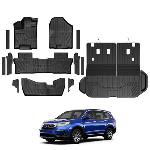 GALVAGNITE Floor Mats for Honda Pilot 2022-2016 All Weather Floor Mats Trunk Cargo Liner with Backrest Protectors and Door Sill Guards Accessories Full Coverage Set for 8 Seats (Not Fit Elite Model)