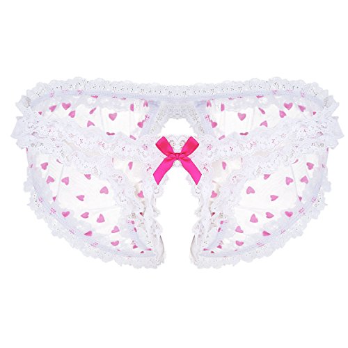 Mens Sexy Mesh Sheer Seamless Breathable Bikini Briefs Heart Printed Ruffled Trim Crossdress Panties Underwear