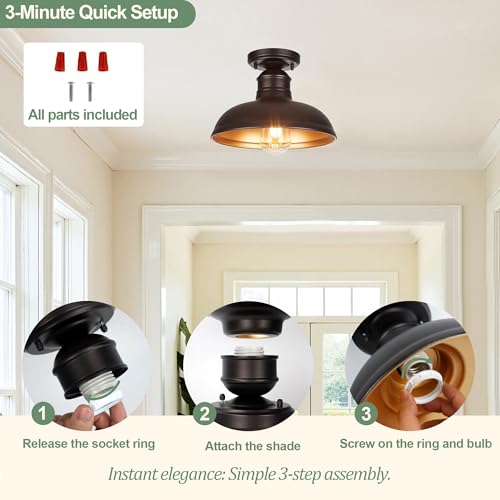 Image of GOLDHILL 10 inch Semi Flush Mount Ceiling Light, Oil Rubbed Bronze Industrial Barn Shade with Gold Interior, 1-Light Bowl Fixture for Kitchen Island, Hallway and Covered Porch