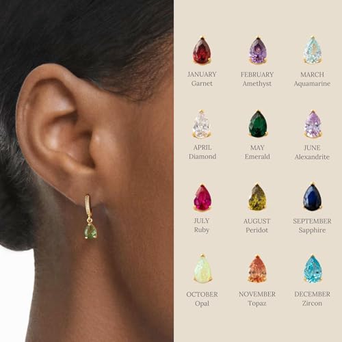 Kyerlyn Birthstone Hoop Earrings for Women, Teardrop Birthstone Dangle Earrings Dainty Hoop Huggie Earrings Personalized Crystal Charm Minimalist Jewelry Birthday Gifts2