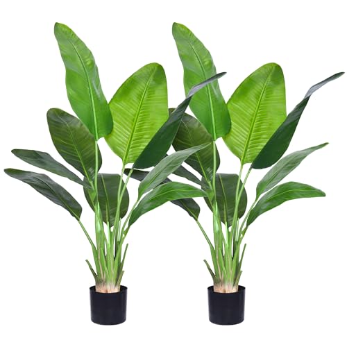 Artificial Bird of Paradise Plant, Fake Tree with Realistic Leaves and Durable pots, Adjustment-Free Branches Artificial Tree for Indoor Outdoor Home Decor (4FT 2Packs)