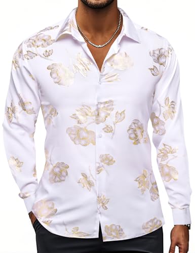 Hi-Tie White Gold Dress Shirts for Mens Printed Floral Shiny Slim Fit Long Sleeve Button Down Party Disco Performing Shirt
