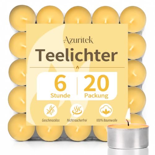 Azuritek 20 Stück 100% Rein Bienenwachs Teelichter, 6 Stunden