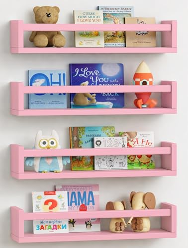 Image of Forbena Pink Nursery Floating Shelves for Wall, Small Kids Wall Bookshelf for Baby Toddler Girls Room, Wood Nursery Hanging Book Shelves for Childrens Bedroom Toys Storage Organizer (Set of 4, Pink)