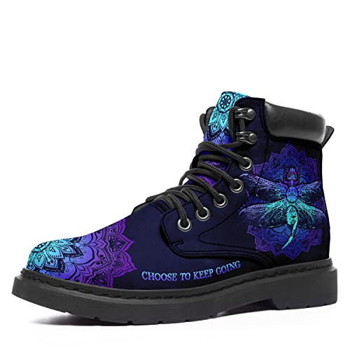 Women‘s Stylish Dragonfly Printed Ankle Boots - Comfortable Lace-Up Hippie Combat Boots with Vibrant Artwork