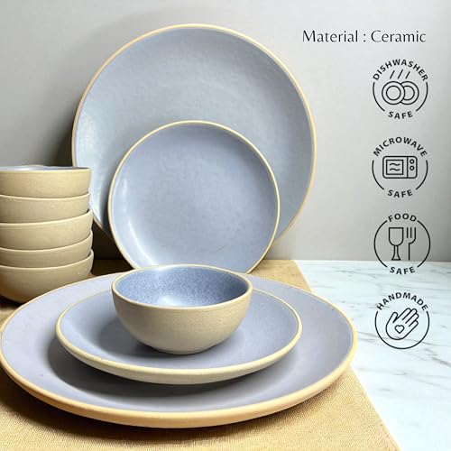Image of Hand Painted Ceramic Dinnerware Set - 18 Pieces | 6 Dinner Plates, 6 Small Plates, 6 Katori Bowls | Earthy Blue | Microwave & Dishwasher Safe | Perfect for Home & Gifting