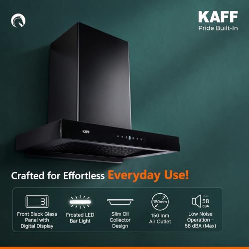 Image of Kaff Kitchen Chimney 90 cm,1450 CMH Suction Filterless Auto Clean, Low Noise T Shape Wall Mounted Black Kitchen Exhaust Chimney for Home and Modular Kitchen | Monte DHC