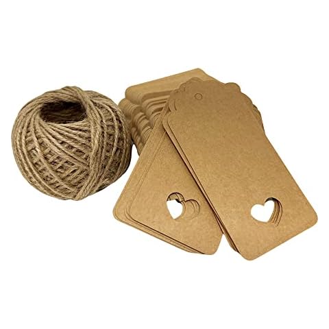 100 PCS Brown Gift Tags + 30 Meters Twine, Heart Cut Out Christmas, Valentines Paper Tags with String, Dorman & Walsh, 4.5cm x 9.5cm Heart Cut Out Wedding Favor Name Tags Card Cover