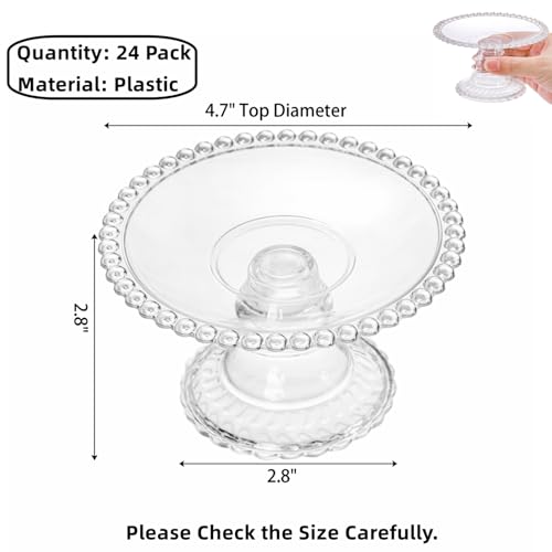 Hacaroa 24 Pcs Mini Cake Plate Stand, Plastic Single Cupcake Holder Serving Plate, Clear Small Dessert Display Stand Tray for Chocolate, Fruits, Baby Shower, Wedding, Birthday, Party