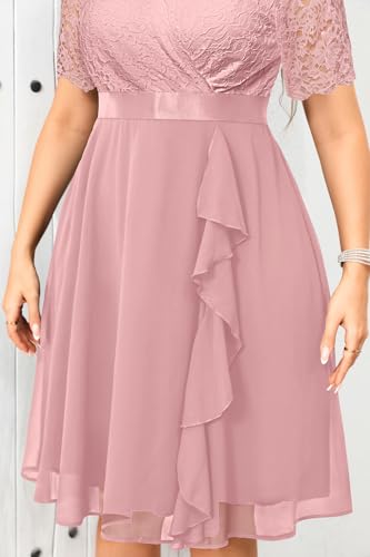 Image of Talisea Plus Size Wedding Guest Dress - Formal Cocktail Party Ruffle Elegant Tea Length Lace Chiffon V Neck Midi Dresses