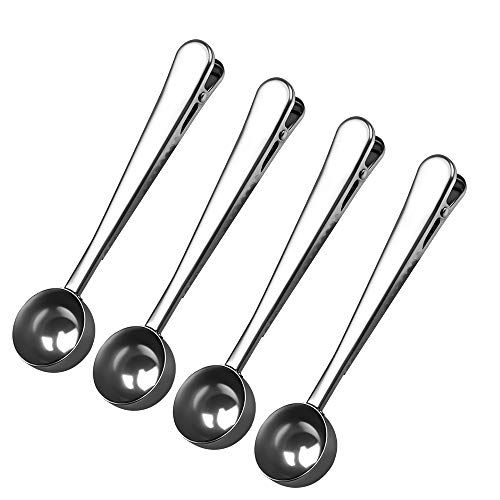 ONIPU Coffee Scoop Clip, 4 PCS Stainless Steel Table Spoon, 2 in 1 Long Handle Multifunction Sealing Bag Clip for Tea, Coffee, Protein Powder, Instant Drinks, Pet Food, Ice-cream, Life Kitchen Tools