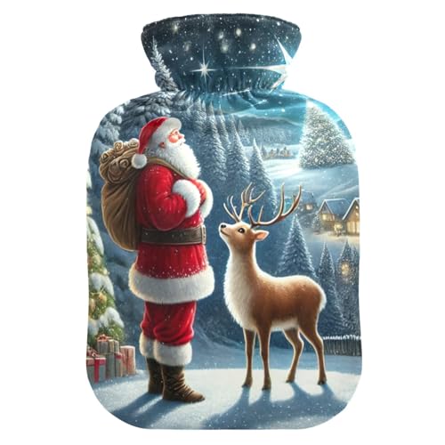 Santa Reindeer Christmas Night Hot Water Bottle Water Heating Pad Hot Water Bag for Foot Bed Warmer Pain Relief, 1L