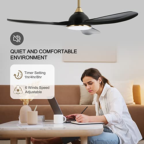 Image of 52 Inch High CFM Modern 3 Blade Black Gold Ceiling Fan with Lights Remote