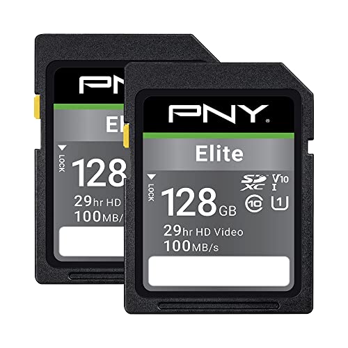 PNY 128GB Elite Class 10 U1 V10 SDXC Flash Memory Card - 100MB/s Read, Class 10, U1, V10, Full HD, UHS-I, Full Size SD (Pack of 2)