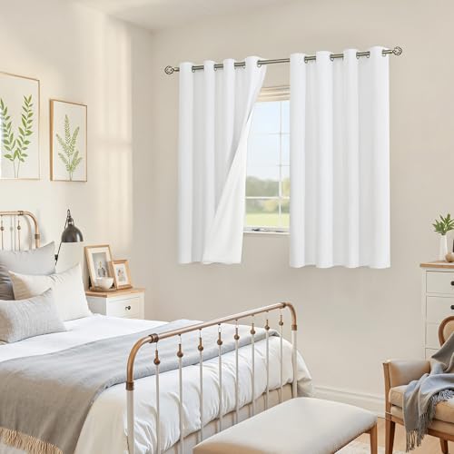 Image of YoungsTex White Linen Blackout Curtains 45 Inch Length, Full Room Darkening Short Window Drapes with Grommet Thermal Insulated for Living Room Bedroom, 2 Panels, 52 X 45 Inch