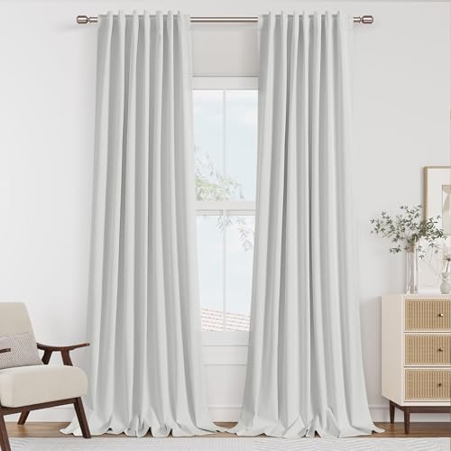 Guken White 100% Blackout Linen Curtains 84 Inch Length 2 Panels Set for Living Room Bedroom Back Tab Thermal Insulated 100% Black Out Drapes Room Darkening Farmhouse Style for Bedroom Curtains 52x84