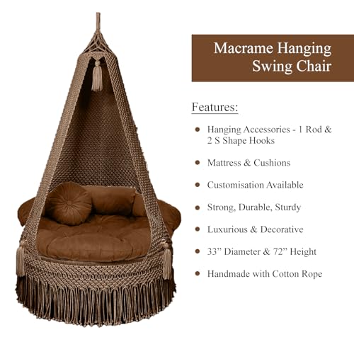 Image of KAAHIRA Bohemian Macrame Hanging Swing Chair- Aesthetic Cotton Rope Hammock for Indoor & Outdoor - Patio, Balcony, Bedroom, Living Room, Garden-Kids, Adults & Pets - Boho Decor (Brown)