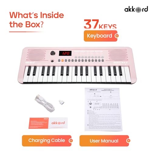 Image of Akkord 37 Keys Music Keyboard - Red Edition | 20 Rhythms, 10 Tones & 10 Demos, LED Display, Portable Beginner Piano Compatible | Kids, Beginner Keyboard with USB-C Cable (Without Adapter and MIDI)