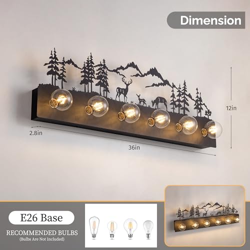 Image of TOCHIC Rustic Bathroom Vanity Light, 6-Light Black Vintage Farmhouse Bathroom Light Fixtures over Mirror for Makeup Shaving, Dimmable Western Deer Wall Sconce for Powder Room, Cabinets, Bedroom, 36 inch L