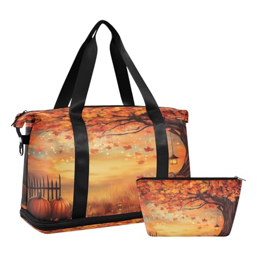 Maple Tree Thanksgiving Pumpkins Gym Bag for Women Sport Travel Duffel Bag Shoulder Weekender Overnight Bags with Wet Pocket & Shoe Compartment