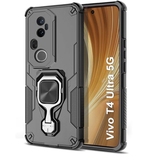 Image of TheGiftKart Tough Armor Bumper Back Case Cover for Vivo T4 Ultra 5G | Ring Holder & Kickstand in-Built | 360 Degree Protection Back Case Cover for Vivo T4 Ultra 5G (PC & TPU, Black)