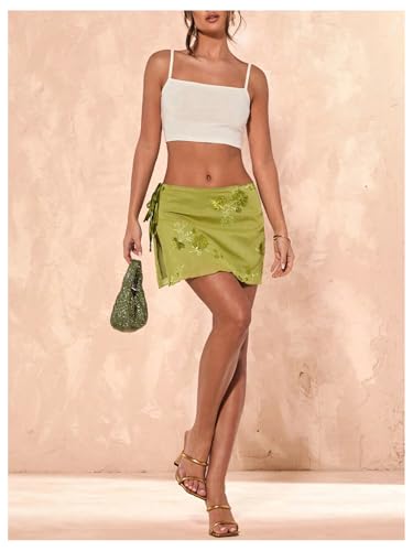MakeMeChic Women's Floral Embroidery Mini Skirt Low Waist Tie Side Split Skirts4