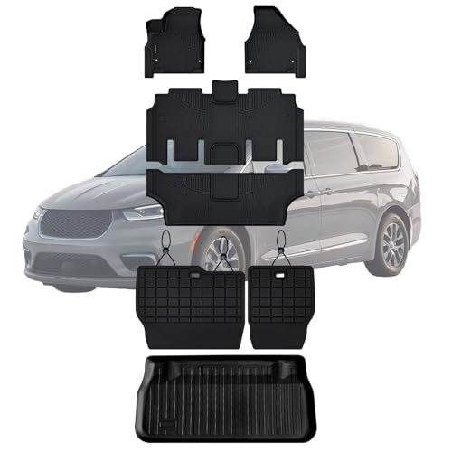 Floor Mats Trunk Liner & Backrest Mat for 2017-2025 2026 Chrysler Pacifica Gas Touring 7/8 Seat (Non Hybrid & Non Pinnacle) Customized TPE All Weather Car Floor Liners with Backrest Protection Black
