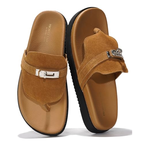 Image of Project Cloud Genuine Leather Womens Sandals - Memory Foam Summer Sandals for Women 2025 - Slip on Slides for Women, Non Slip Womens Slides (Vita, COGN, 7.5)