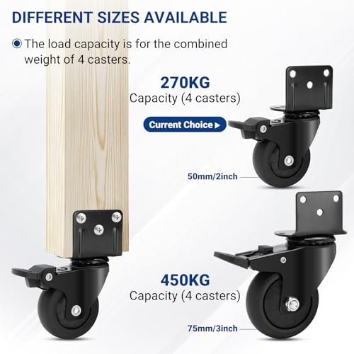 Humagineer 50mm L-Montageplatte Schwerlastrollen Klein, 360 Grad Drehung Lenkrollen Klein Gummi, Leise und Geschmeidig, Tragfähigkeit 270kg, Möbelrollen Klein mit 4 Bremse für Tisch, Schrank, Babybett